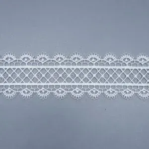 White water soluble lace trim featuring detailed scalloped edges and geometric design, ideal for delicate garment embellishments and sewing projects. White water soluble lace trim featuring detailed scalloped edges and geometric design, ideal for delicate garment embellishments and sewing projects.