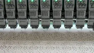 Fila de cabezales de bordado sobre tejido blanco con pequeños motivos repetidos.