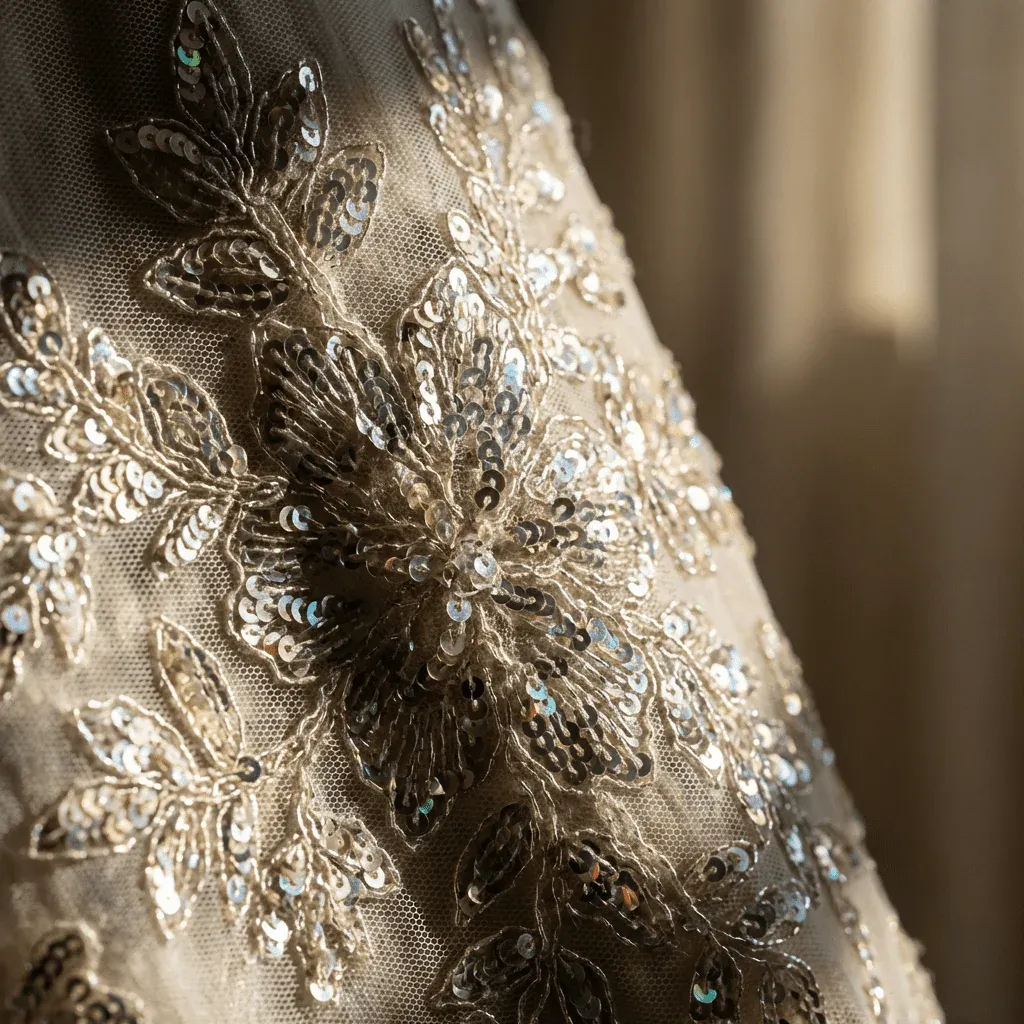 Close-up of pale mesh with raised floral embroidery and reflective sequins.