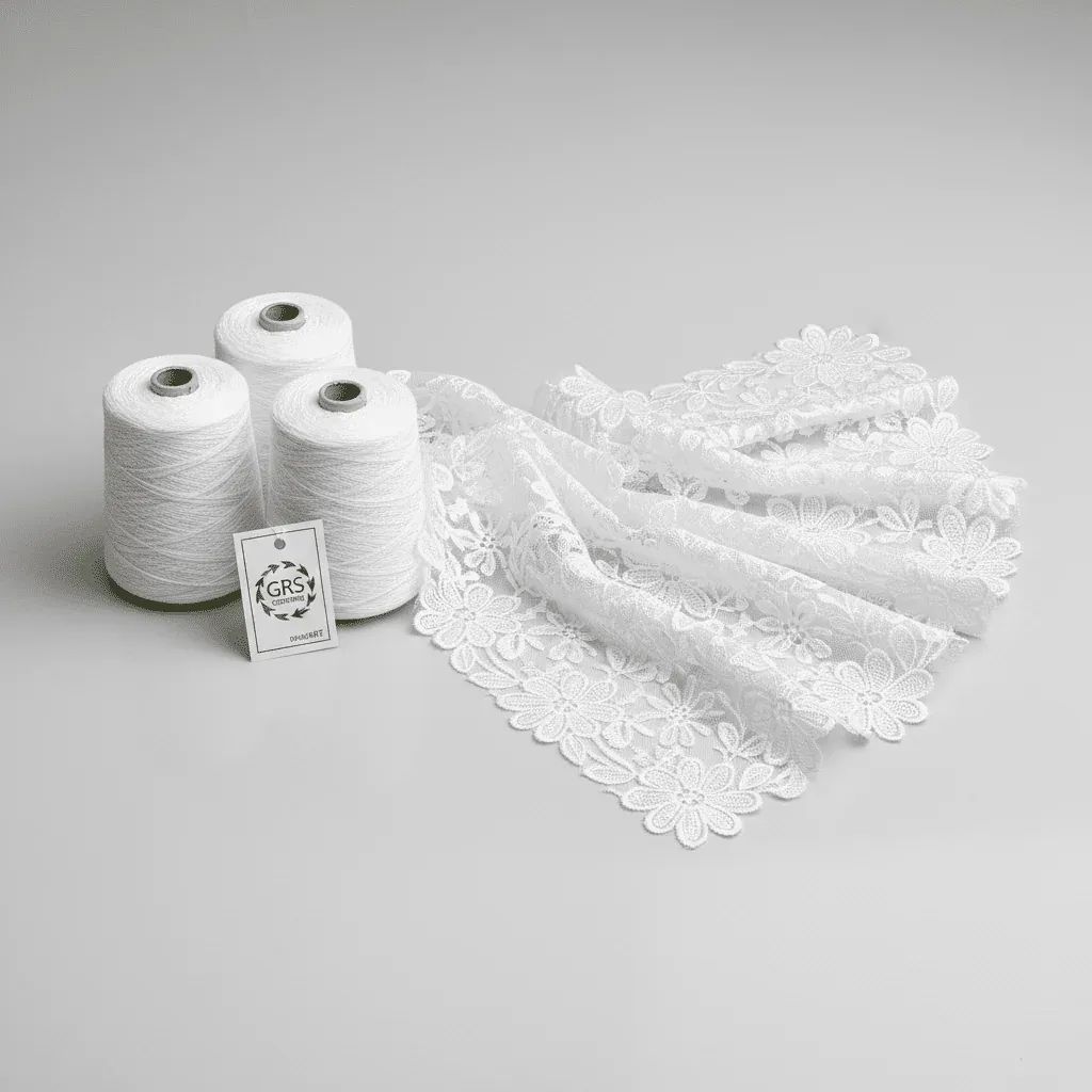 Weiße florale Spitzenborte neben Garnkonen in einer Illustration zu nachhaltigen Materialien. Weiße florale Spitzenborte neben Garnkonen in einer Illustration zu nachhaltigen Materialien.