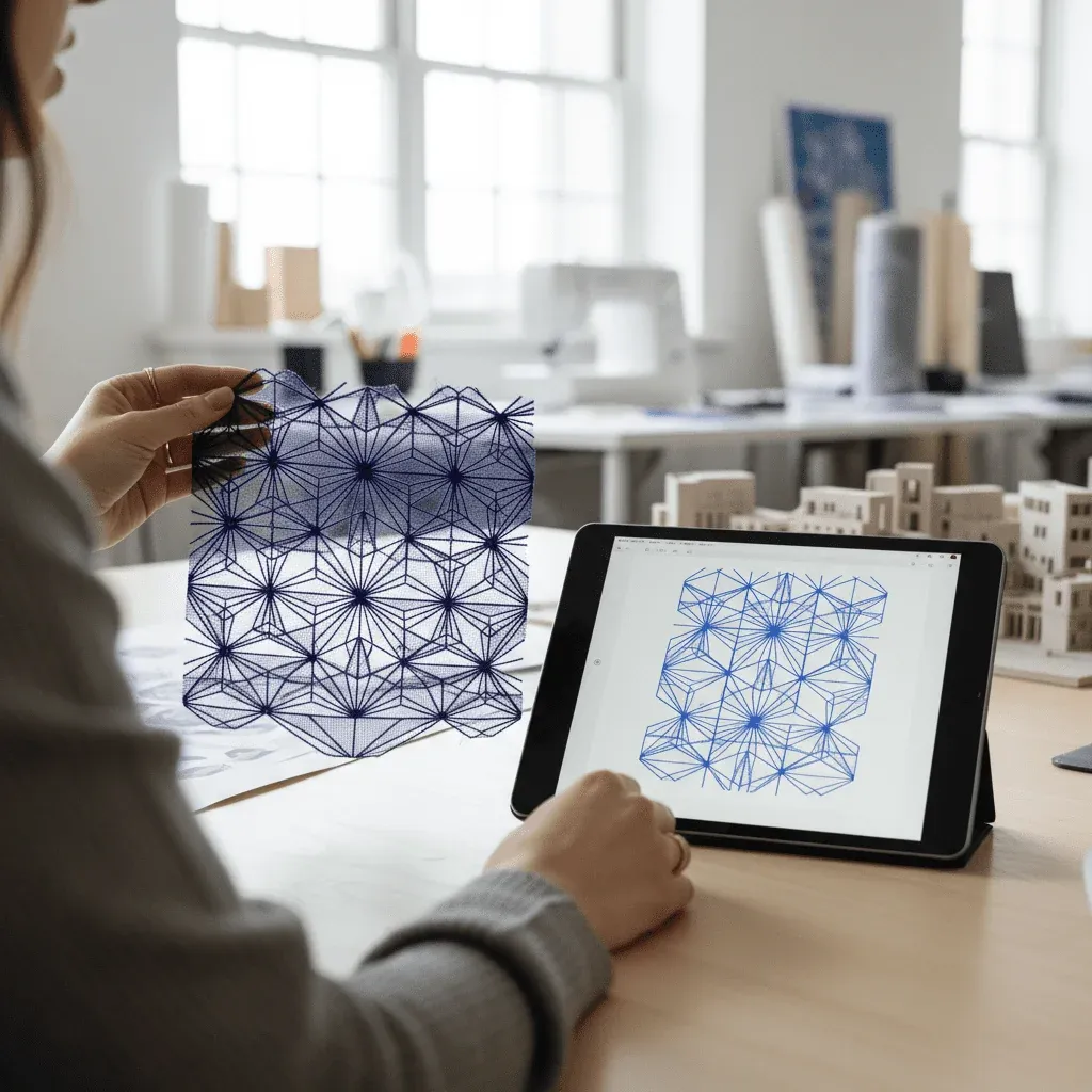 Modedesigner vergleicht ein handgefertigtes Spitzenmuster mit dessen digitalem Entwurf auf einem Tablet und veranschaulicht damit Abläufe für schnelle Individualisierung. Modedesigner vergleicht ein handgefertigtes Spitzenmuster mit dessen digitalem Entwurf auf einem Tablet und veranschaulicht damit Abläufe für schnelle Individualisierung.