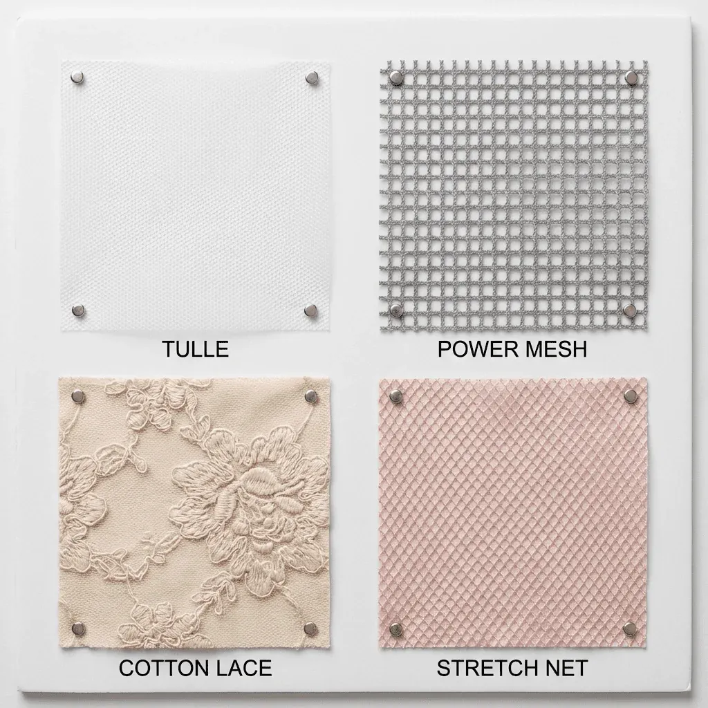 Four fabric swatches on a white display board: tulle, power mesh, cotton lace, and stretch net