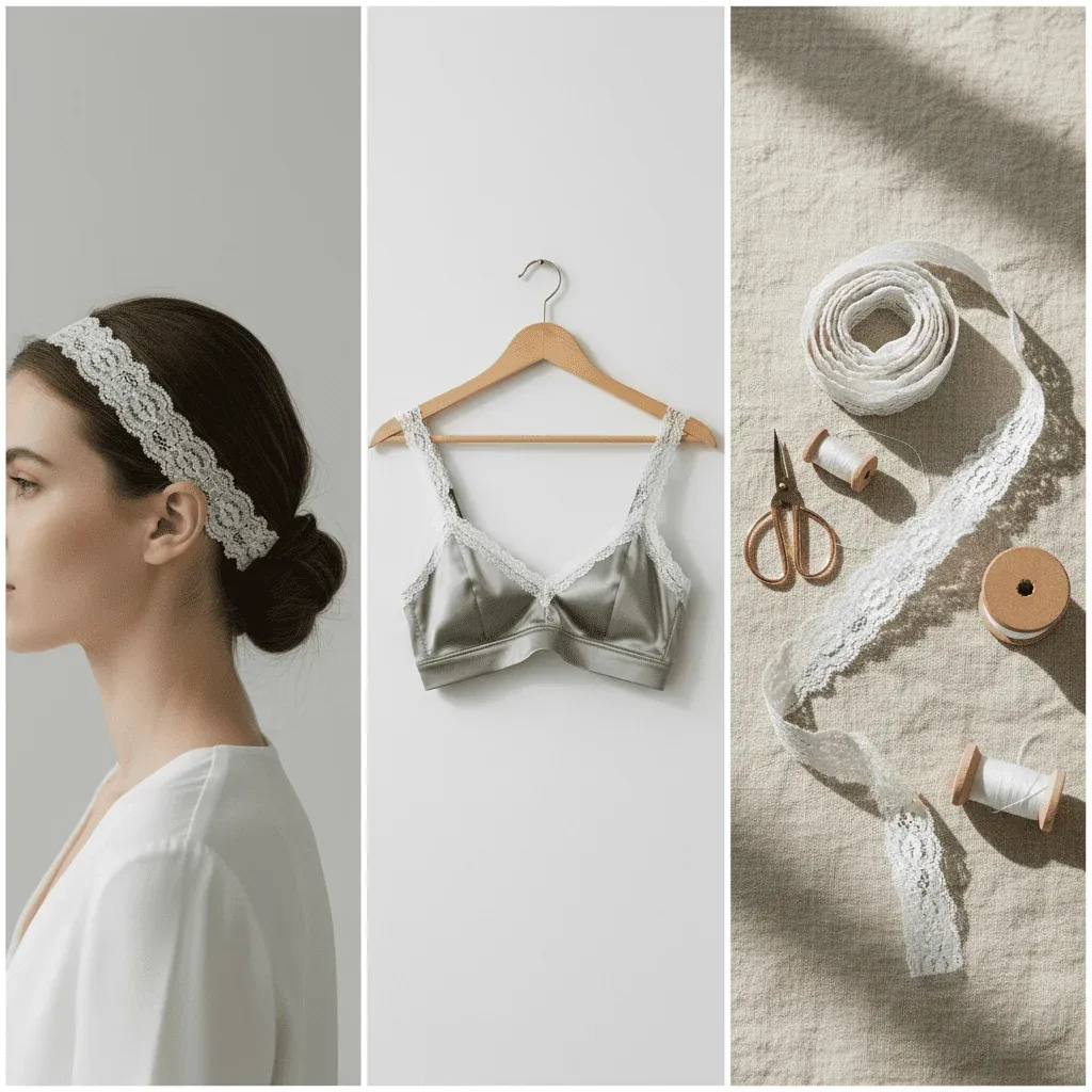 Three-panel view of a white lace headband, lace-trimmed bra and rolled lace beside sewing tools. Three-panel view of a white lace headband, lace-trimmed bra and rolled lace beside sewing tools.
