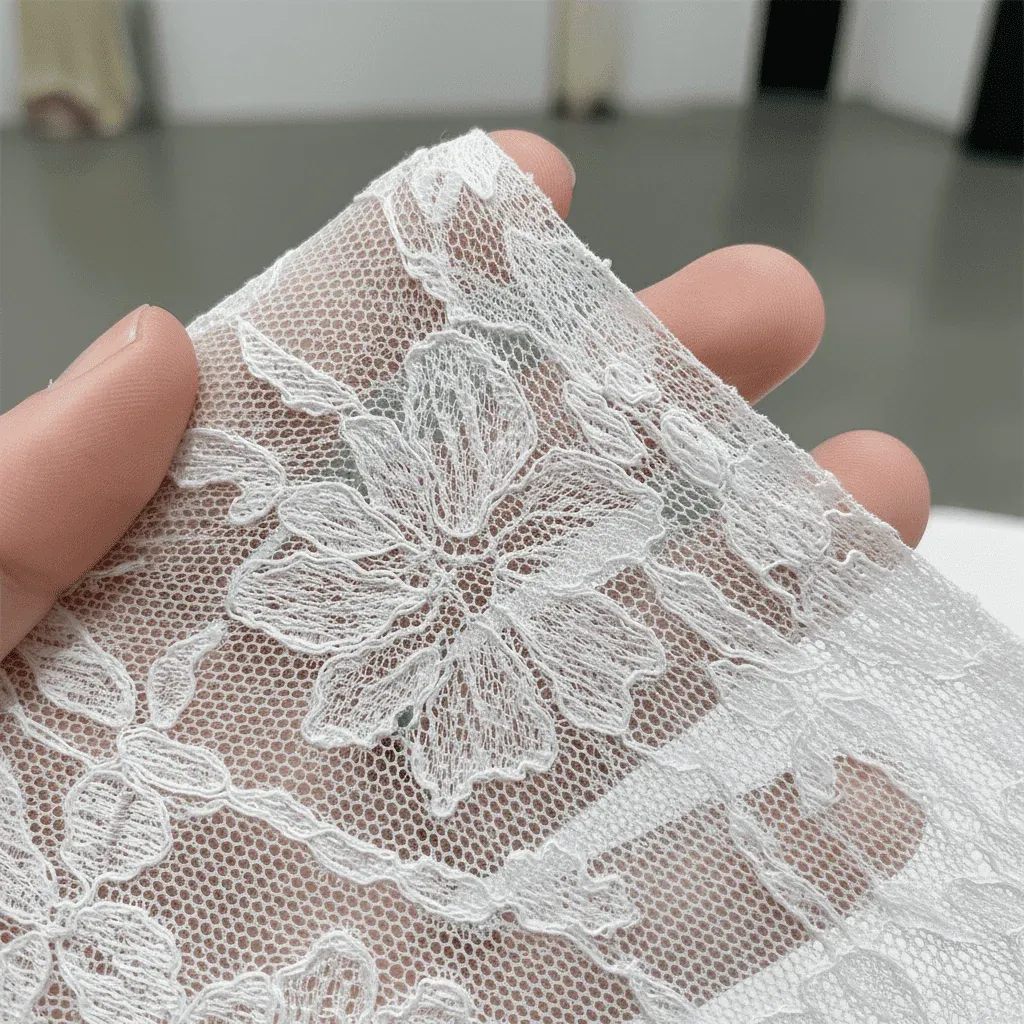 White floral lace held over a hand, showing embroidered petals and a mesh background. White floral lace held over a hand, showing embroidered petals and a mesh background.