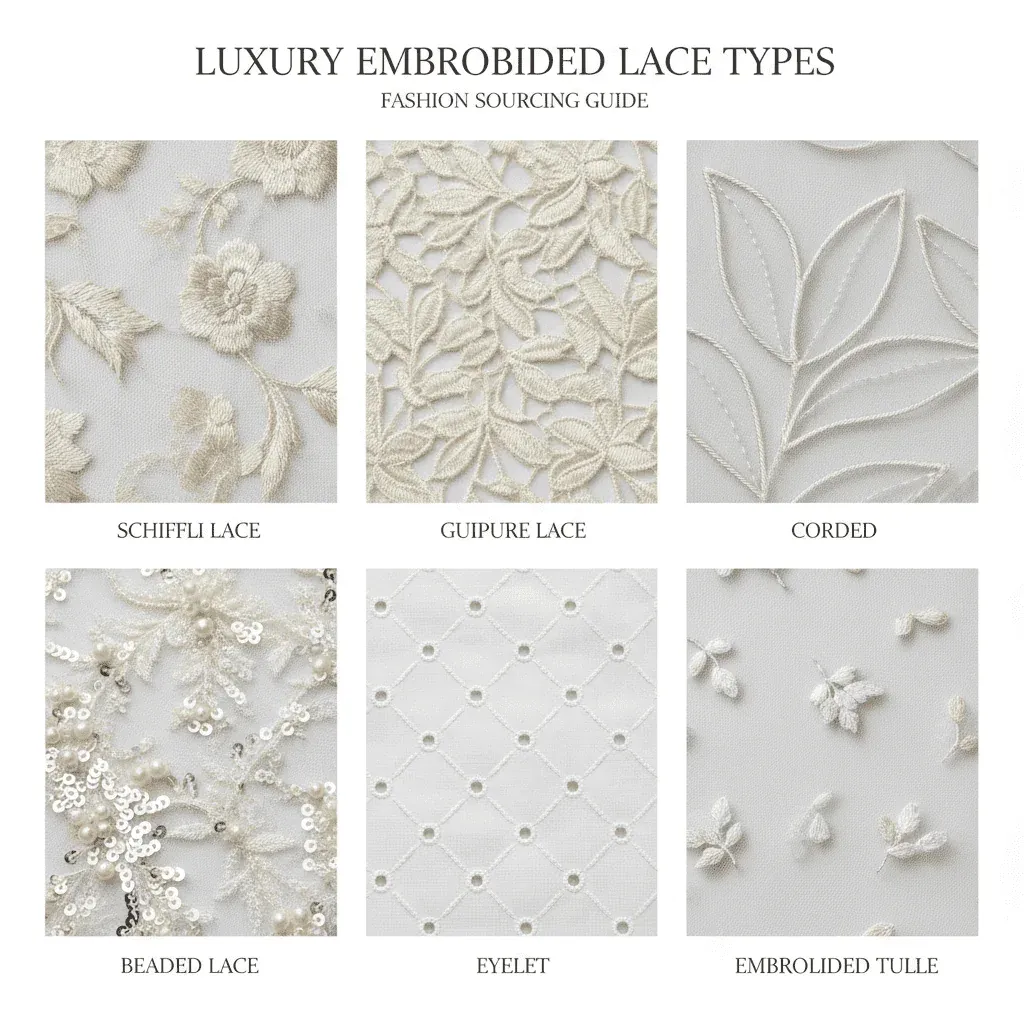Visual differences between Schiffli, guipure, corded, beaded, eyelet and embroidered tulle lace Visual differences between Schiffli, guipure, corded, beaded, eyelet and embroidered tulle lace