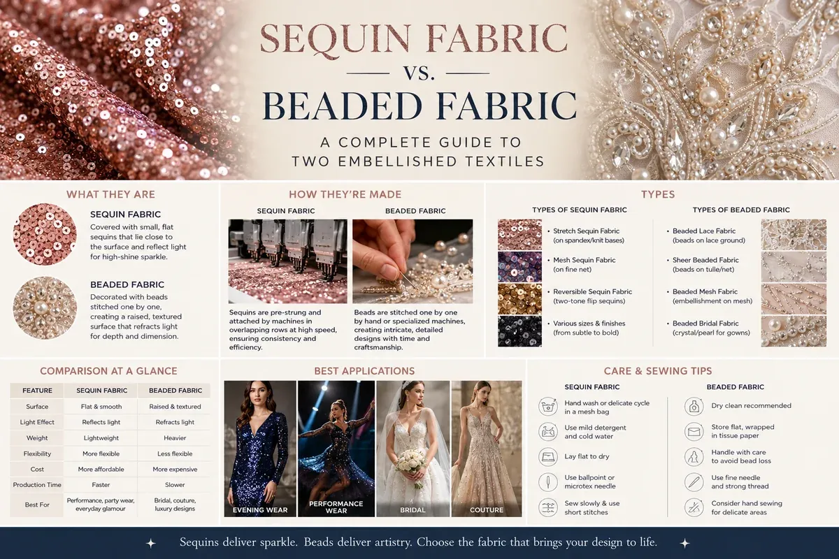Sequin Fabric vs. Beaded Fabric: A Complete Guide to Two Embellished Textiles — article image 1 Sequin Fabric vs. Beaded Fabric: A Complete Guide to Two Embellished Textiles — article image 1