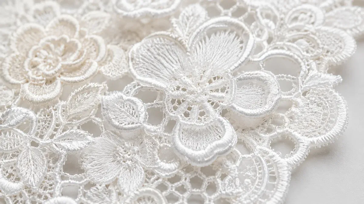 Gros plan sur la texture d’un galon de dentelle sur mesure présentant une broderie 3D complexe