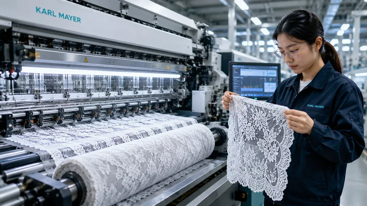 Contrôle qualité et métier à maille chaîne dans une usine de dentelle