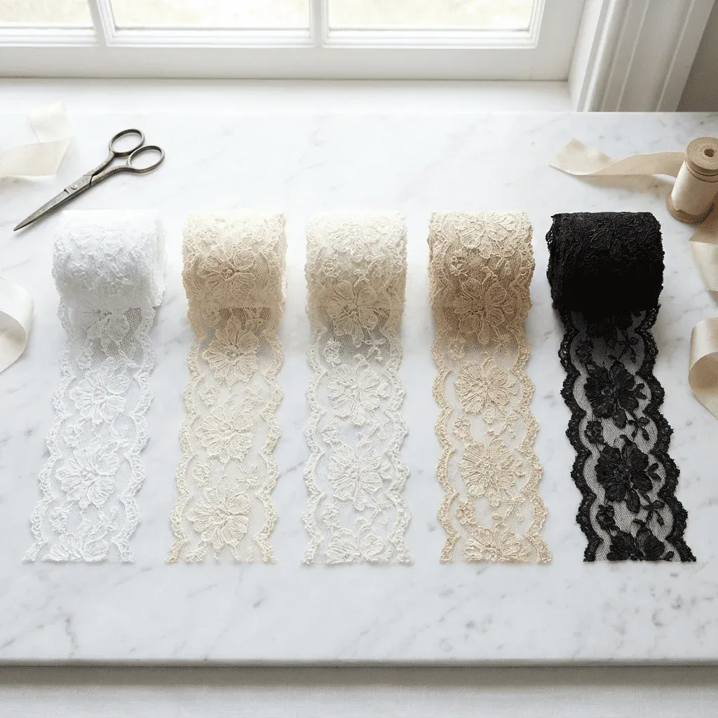 Bridal lace trim samples in ivory, white, off-white, champagne, and black Bridal lace trim samples in ivory, white, off-white, champagne, and black