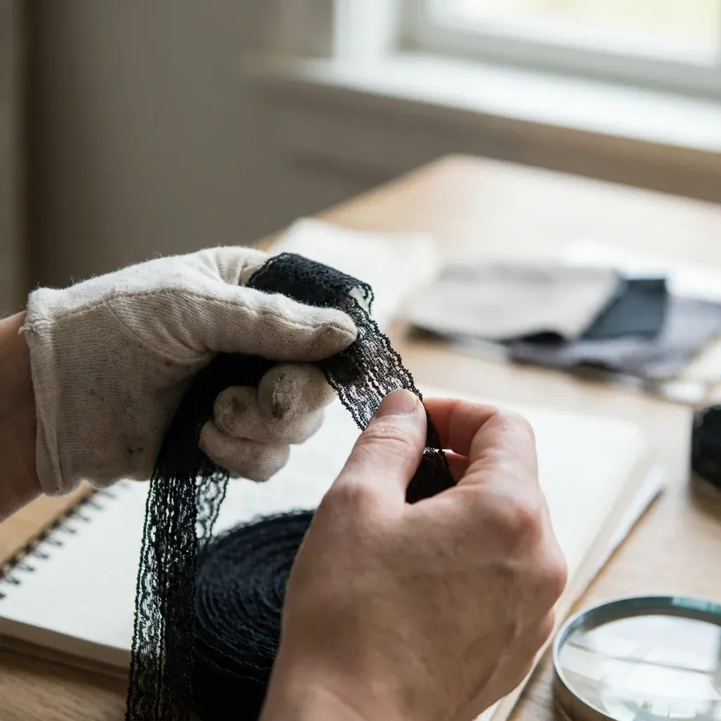Inspección de tira de encaje negro para evaluar la solidez del tinte y el acabado del borde Inspección de tira de encaje negro para evaluar la solidez del tinte y el acabado del borde