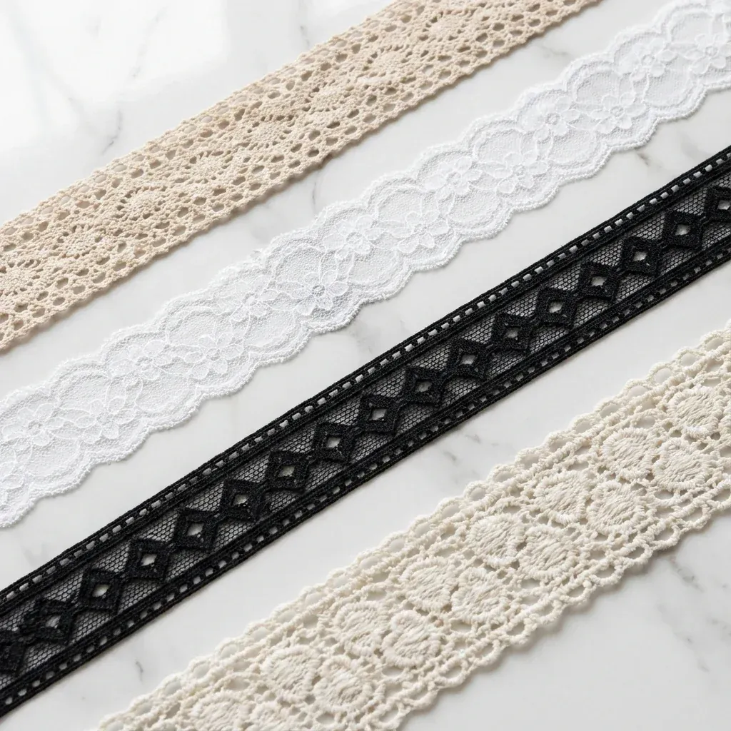 Four types of lace trim cotton, nylon, stretch, and guipure compared Four types of lace trim cotton, nylon, stretch, and guipure compared