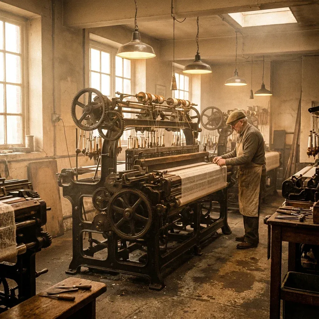 Vintage Leavers lace making machine in workshop Vintage Leavers lace making machine in workshop