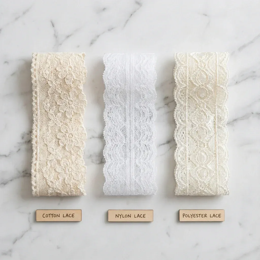 Flat lay comparison of three lace trim samples on white marble Flat lay comparison of three lace trim samples on white marble