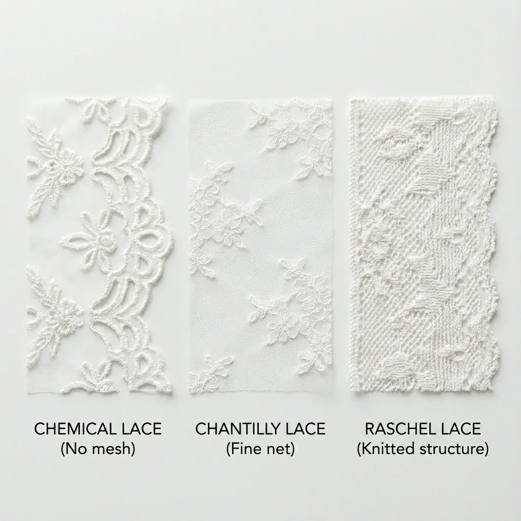 Comparación de encaje químico, encaje Chantilly y encaje Raschel colocados uno junto a otro Comparación de encaje químico, encaje Chantilly y encaje Raschel colocados uno junto a otro