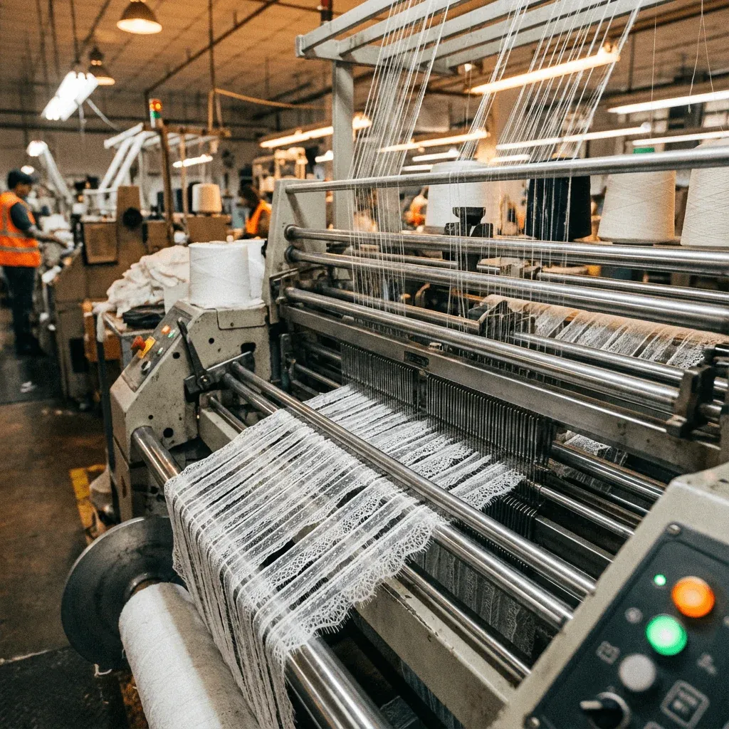 Raschel-Kettenwirkmaschine bei der Herstellung von Wimpernspitze in der Fabrik Raschel-Kettenwirkmaschine bei der Herstellung von Wimpernspitze in der Fabrik