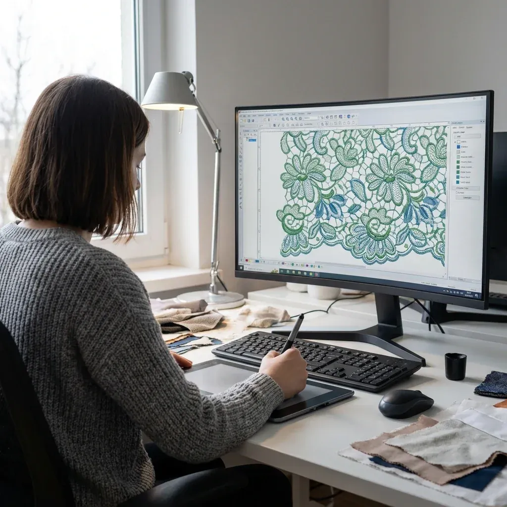 Designer using CAD software to create lace pattern with stitch visualization Designer using CAD software to create lace pattern with stitch visualization