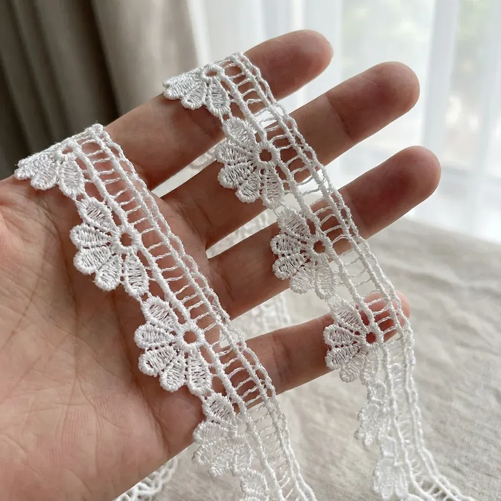 Finished chemical lace trim showing successful pattern design with clear motif connections Finished chemical lace trim showing successful pattern design with clear motif connections