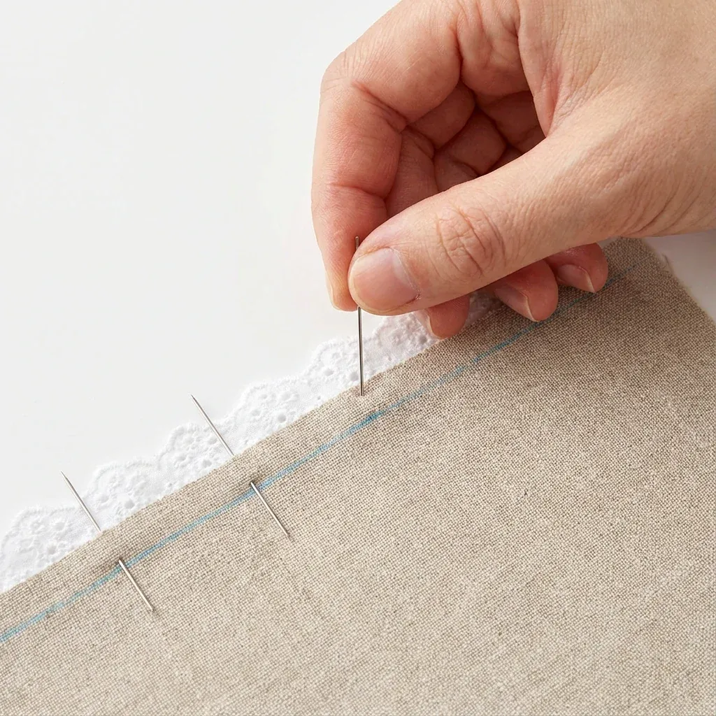 Alfileres rectos perpendiculares al borde de la tira, sujetando el encaje al tejido antes de coser Alfileres rectos perpendiculares al borde de la tira, sujetando el encaje al tejido antes de coser