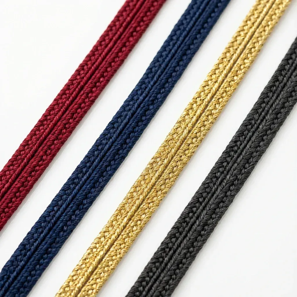 Close-up of soutache braid showing distinctive center groove, 3mm width in multiple colors
