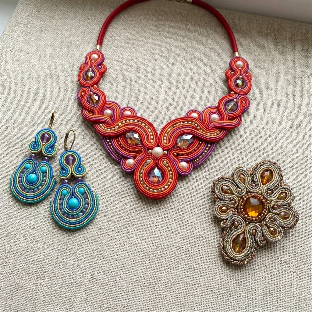 Various soutache jewelry pieces including earrings, necklace and brooch showing different design styles