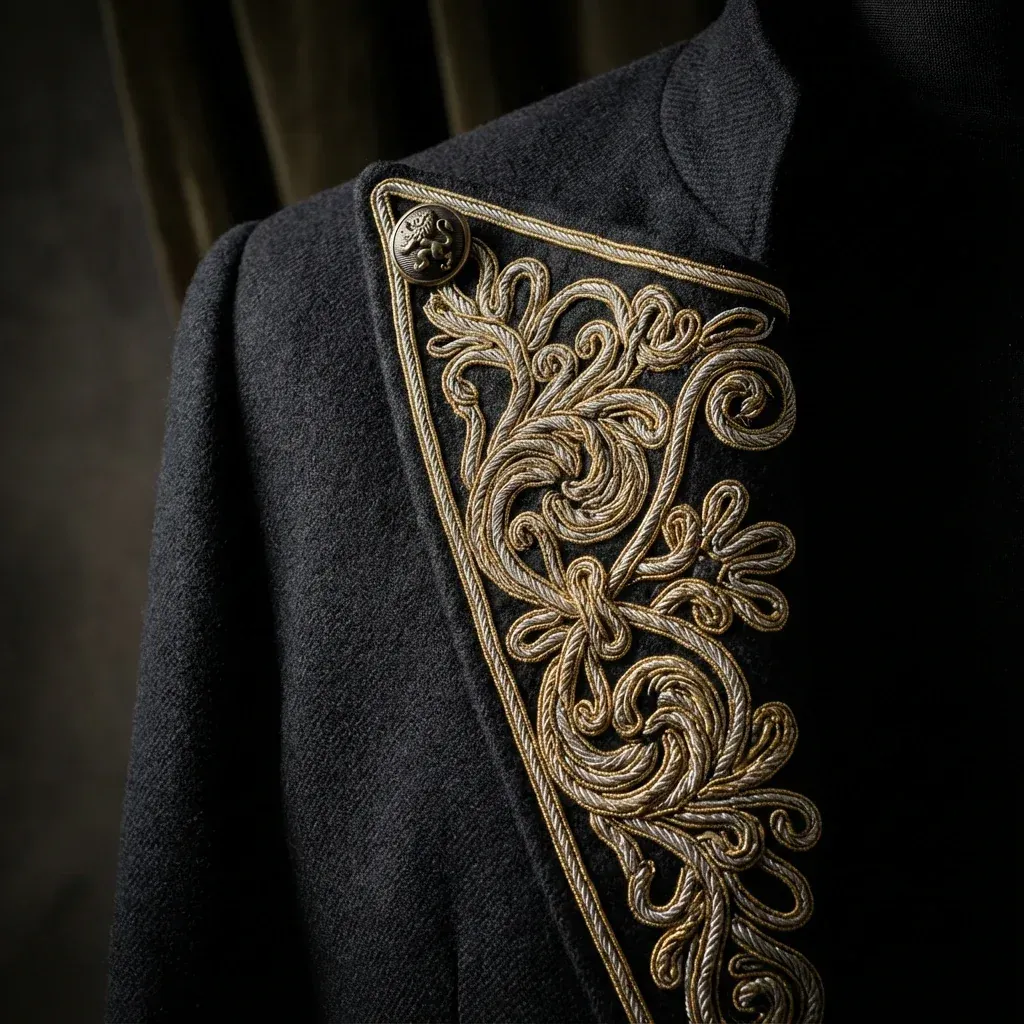 Soutache embroidery detail on black formal jacket lapel showing ornate scrollwork pattern