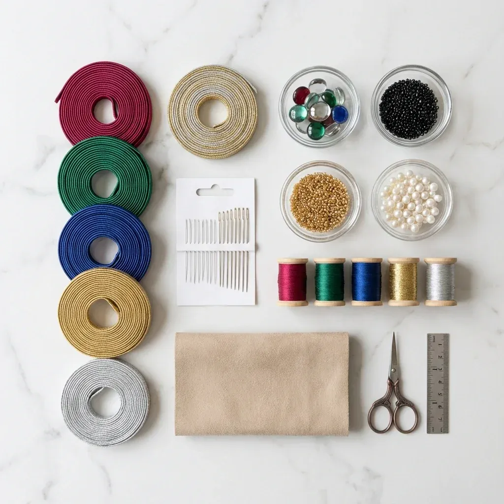 Soutache jewelry making supplies including braids, beads, cabochons, needles, thread and backing material