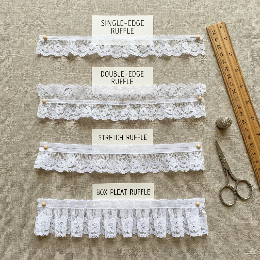 Four types of ruffled lace comparison single-edge, double-edge, stretch, and box pleat styles Four types of ruffled lace comparison single-edge, double-edge, stretch, and box pleat styles