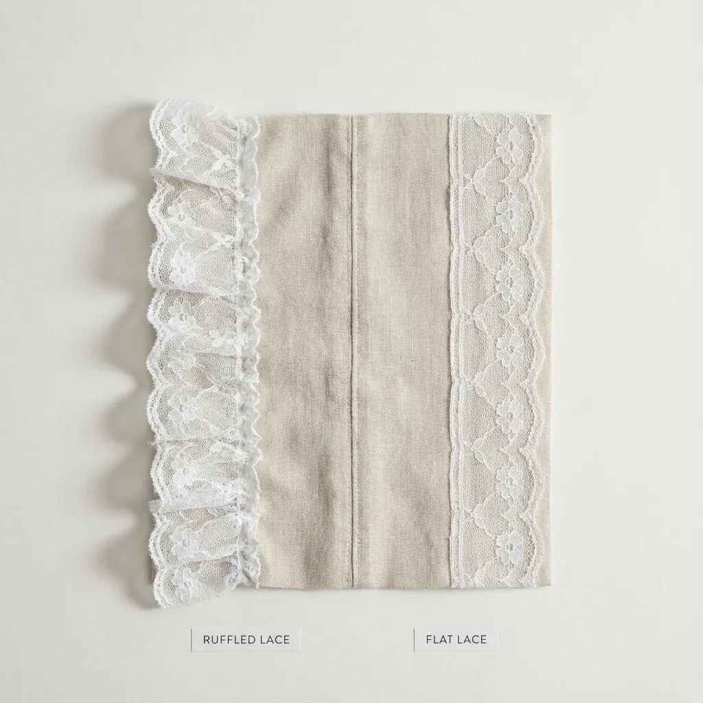 Side-by-side comparison of ruffled lace and flat lace trim showing dimensional difference Side-by-side comparison of ruffled lace and flat lace trim showing dimensional difference