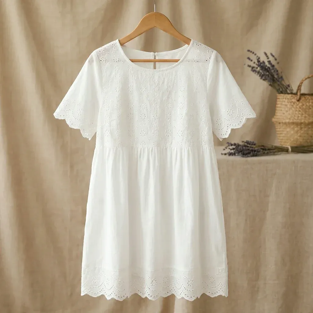 Weißes kurzärmeliges Kleid auf einem Holzbügel mit Lochstickereidetail und Bogensaum. Weißes kurzärmeliges Kleid auf einem Holzbügel mit Lochstickereidetail und Bogensaum.