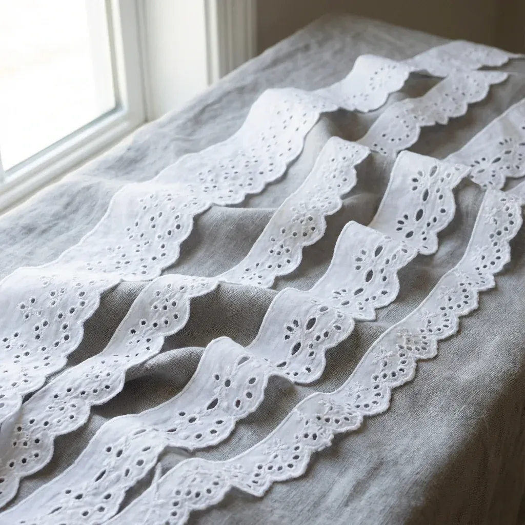 White scalloped eyelet trim arranged in parallel waves on textured fabric beside a window.