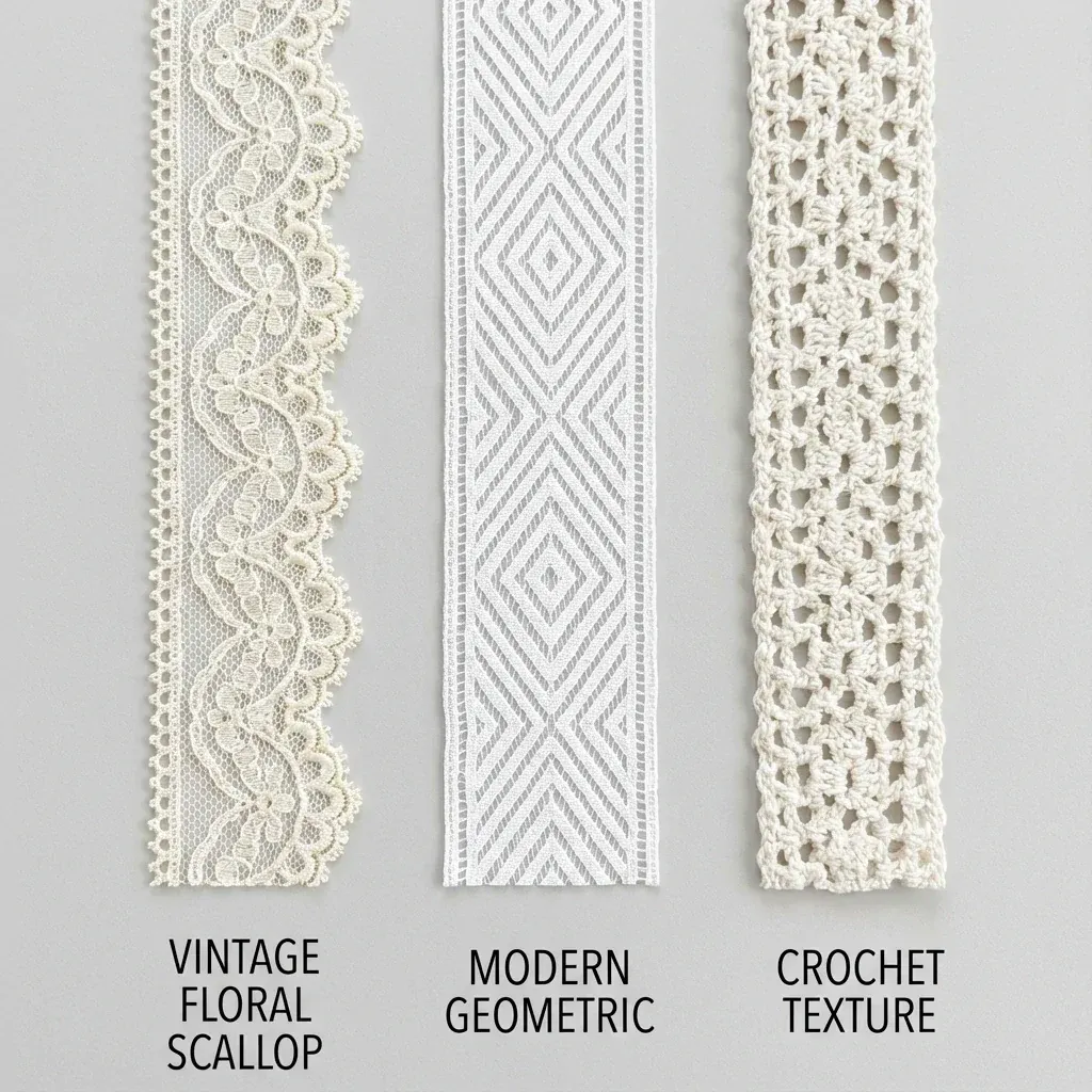Three styles of lace ribbon vintage floral pattern, modern geometric design, and crochet-look texture