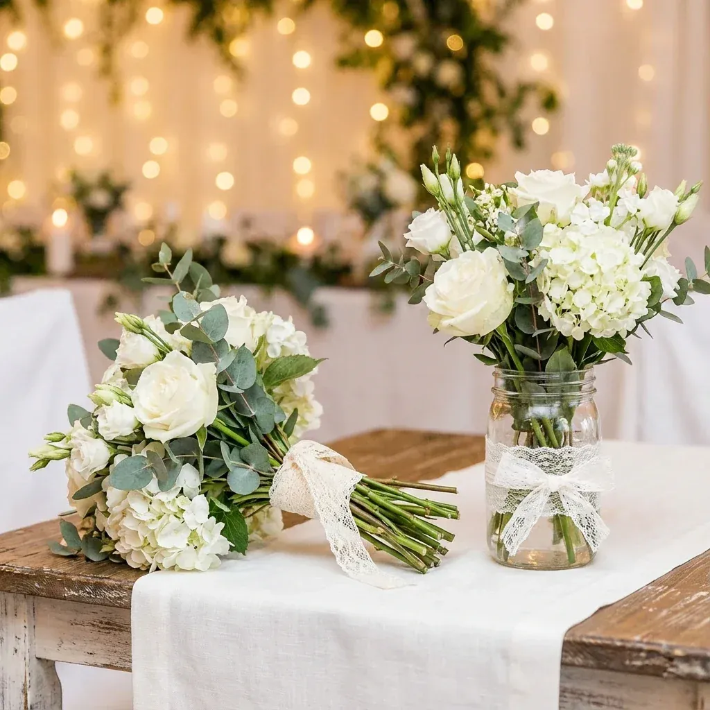 Wedding bouquet wrapped with ivory lace ribbon and mason jar decorated with lace ribbon for reception decor