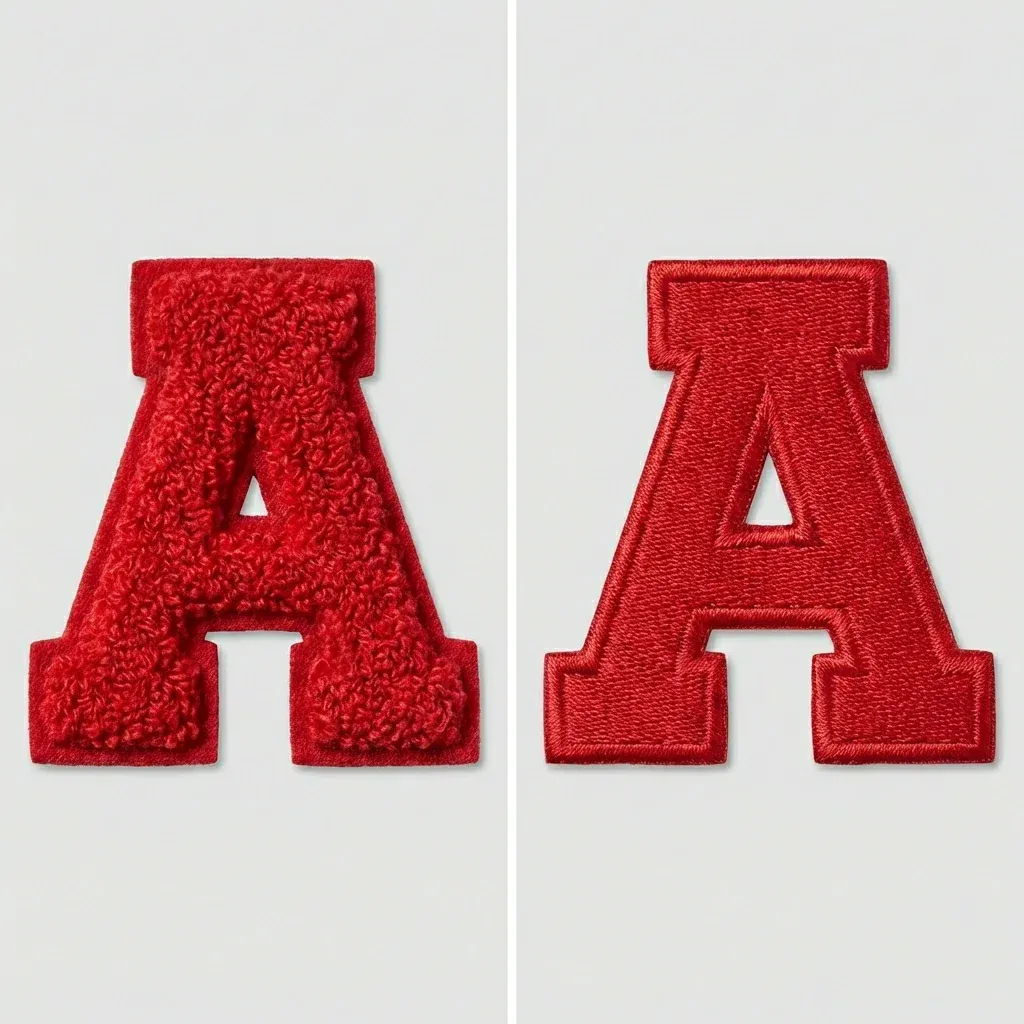 Side-by-side comparison of chenille applique with raised fuzzy texture versus flat embroidered patch Side-by-side comparison of chenille applique with raised fuzzy texture versus flat embroidered patch