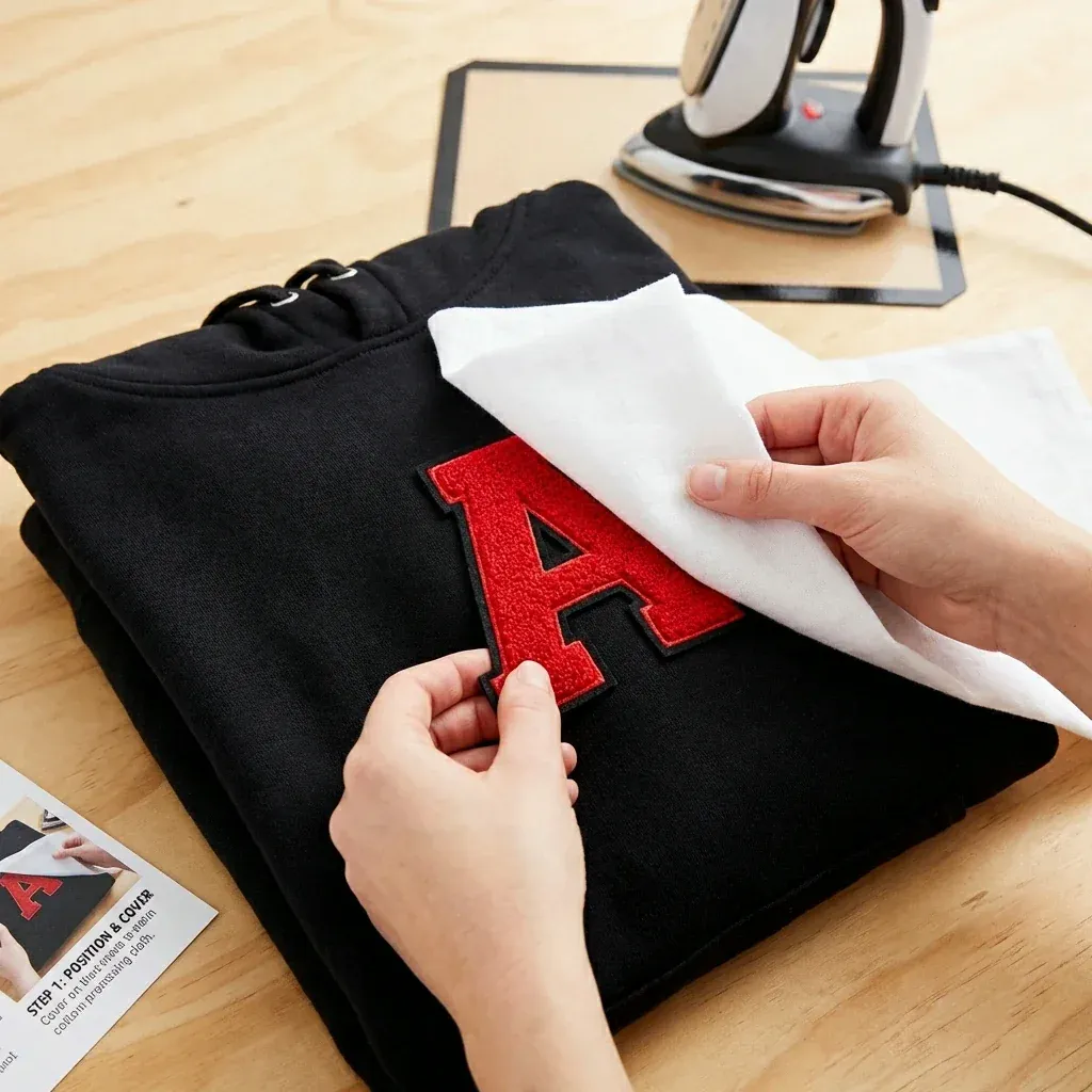 Step 1 Positioning chenille applique on garment and covering with pressing cloth before ironing Step 1 Positioning chenille applique on garment and covering with pressing cloth before ironing