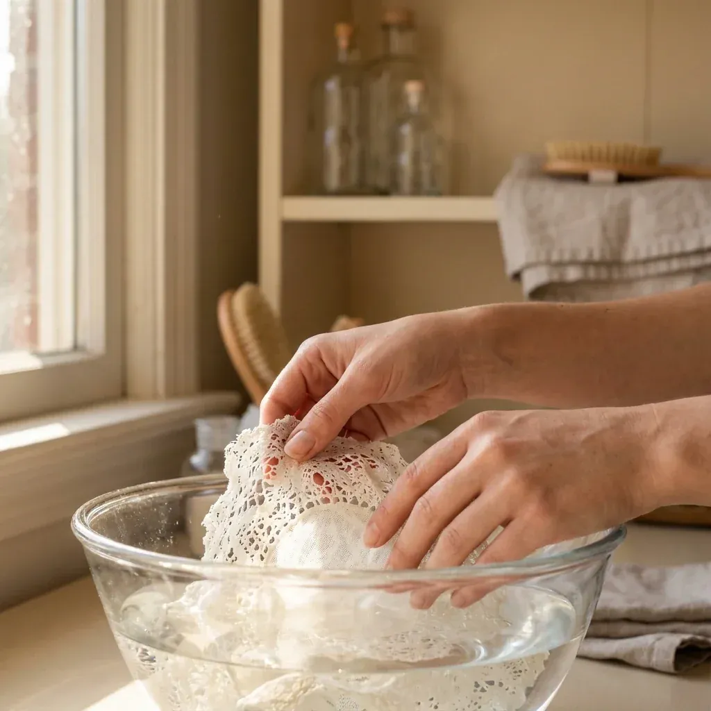 Hände tauchen ein empfindliches Spitzendeckchen behutsam in ein Becken mit Reinigungslösung Hände tauchen ein empfindliches Spitzendeckchen behutsam in ein Becken mit Reinigungslösung