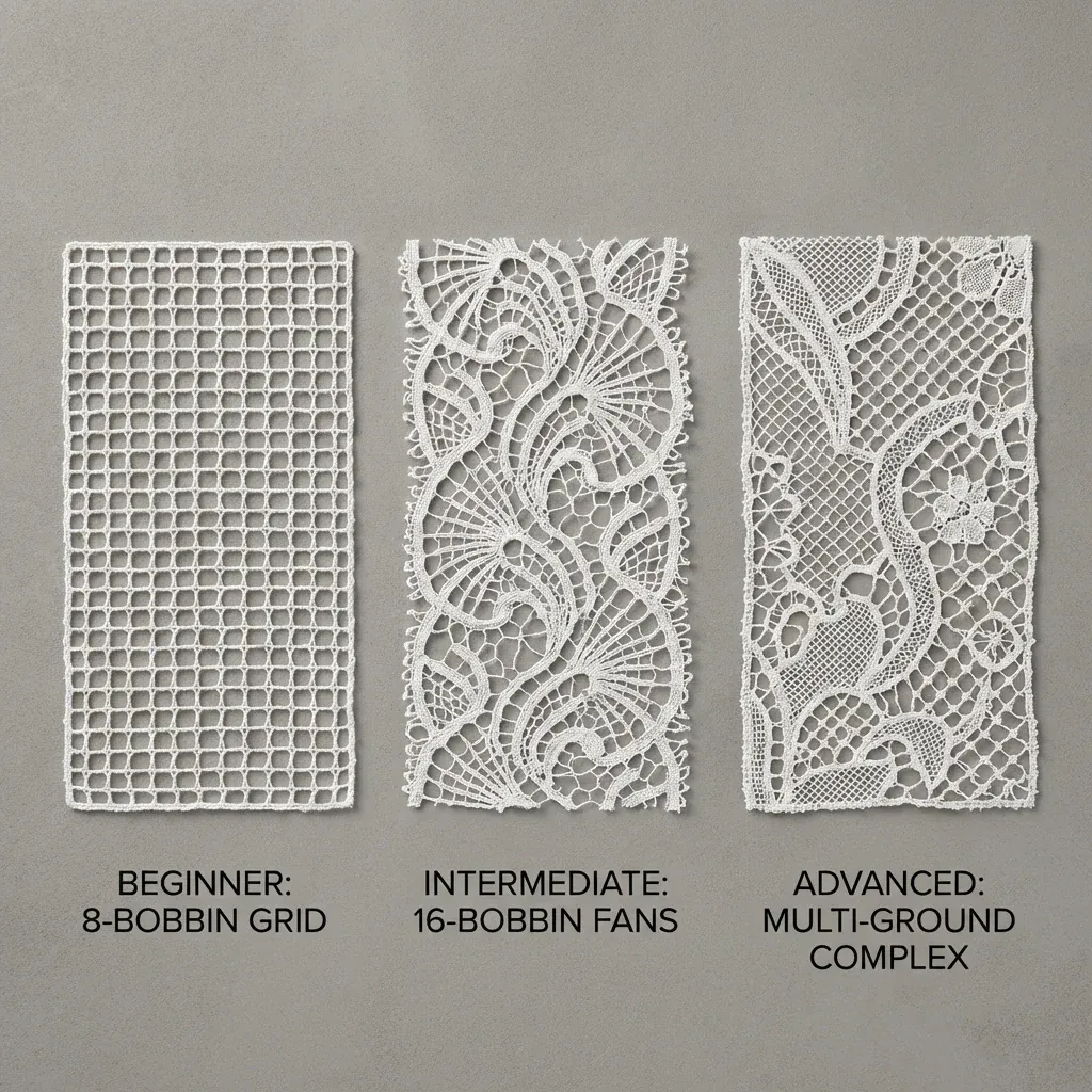 Three bobbin lace patterns showing beginner intermediate and advanced complexity levels Three bobbin lace patterns showing beginner intermediate and advanced complexity levels