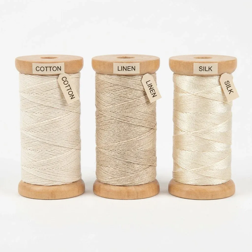 Three spools of lace thread side by side - cotton, linen, silk - labeled, color differences visible, product comparison photography, clean Three spools of lace thread side by side - cotton, linen, silk - labeled, color differences visible, product comparison photography, clean