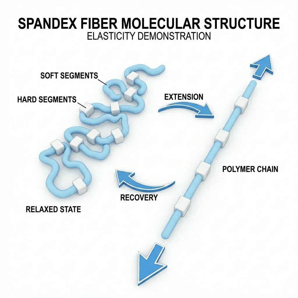 Blue polymer-chain illustration with labels for soft and hard segments and stretch recovery Blue polymer-chain illustration with labels for soft and hard segments and stretch recovery