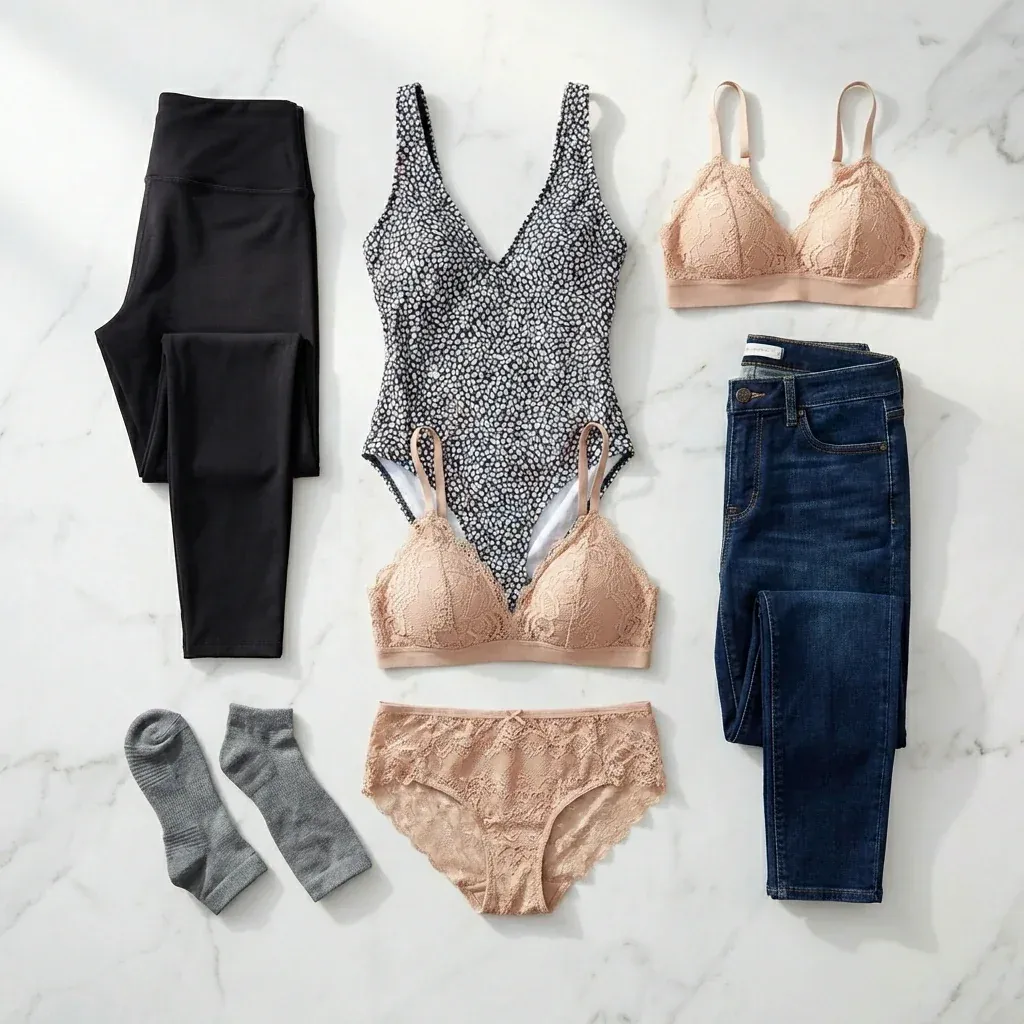 Collage of leggings, a swimsuit, bras, underwear, jeans and socks Collage of leggings, a swimsuit, bras, underwear, jeans and socks