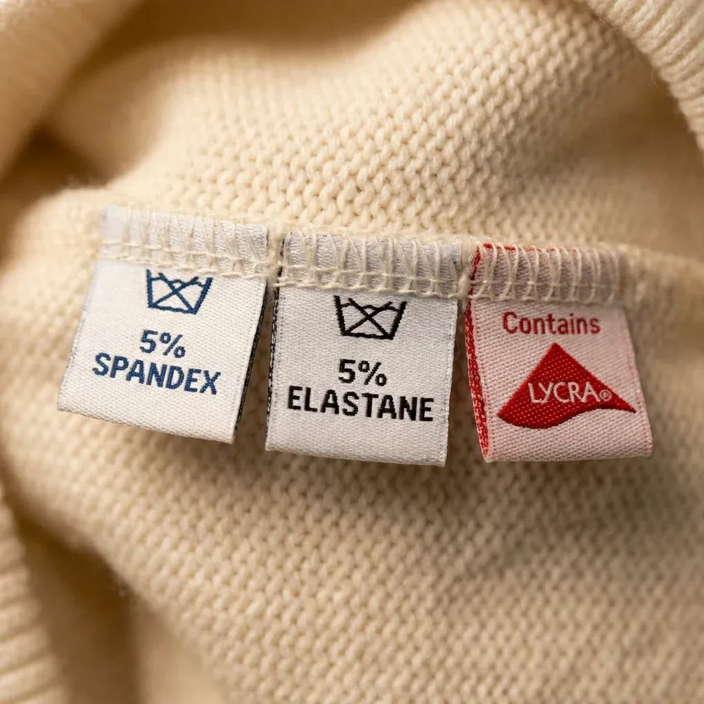 Illustrated labels showing “5% spandex,” “5% elastane” and “Contains LYCRA” Illustrated labels showing “5% spandex,” “5% elastane” and “Contains LYCRA”