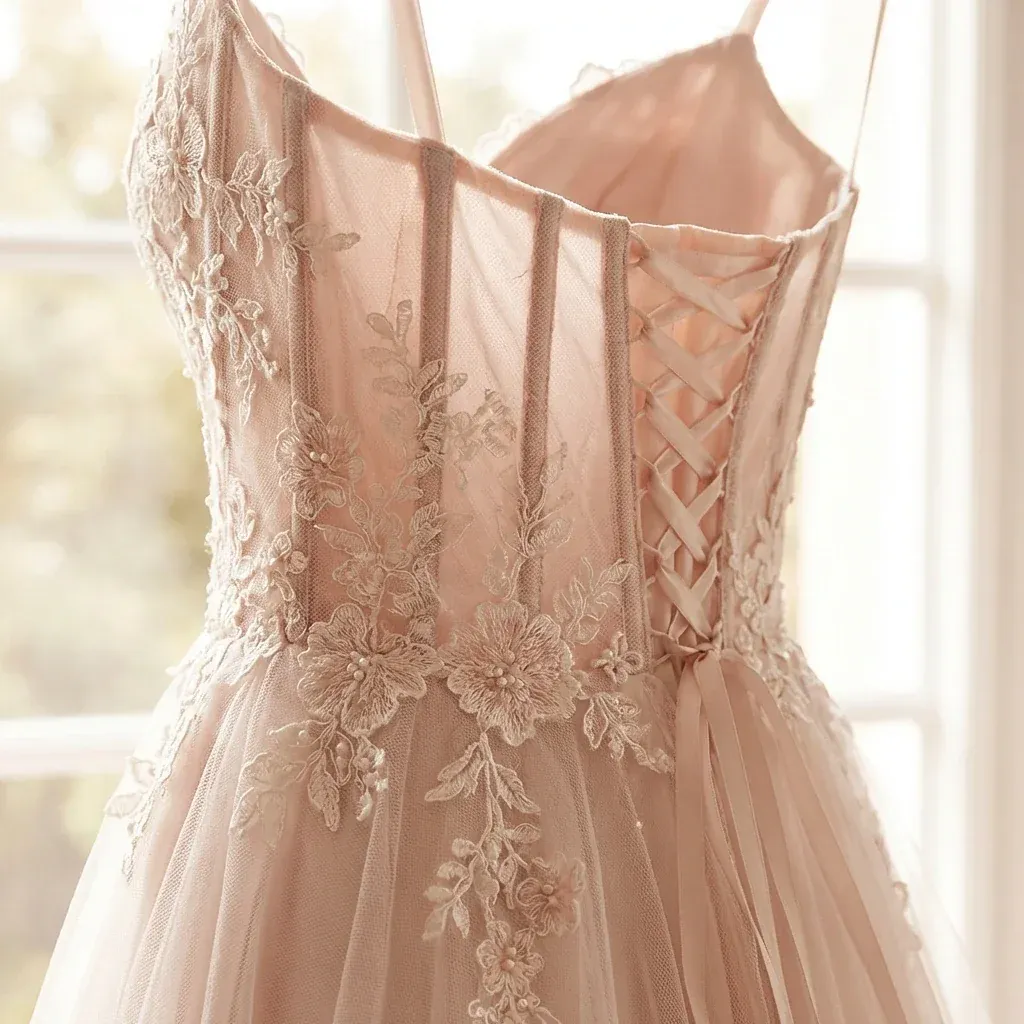Romantisches Spitzenkleid in zartem Rosa mit Korsettdetail, inspiriert von Sydney Sweeneys Stil Romantisches Spitzenkleid in zartem Rosa mit Korsettdetail, inspiriert von Sydney Sweeneys Stil