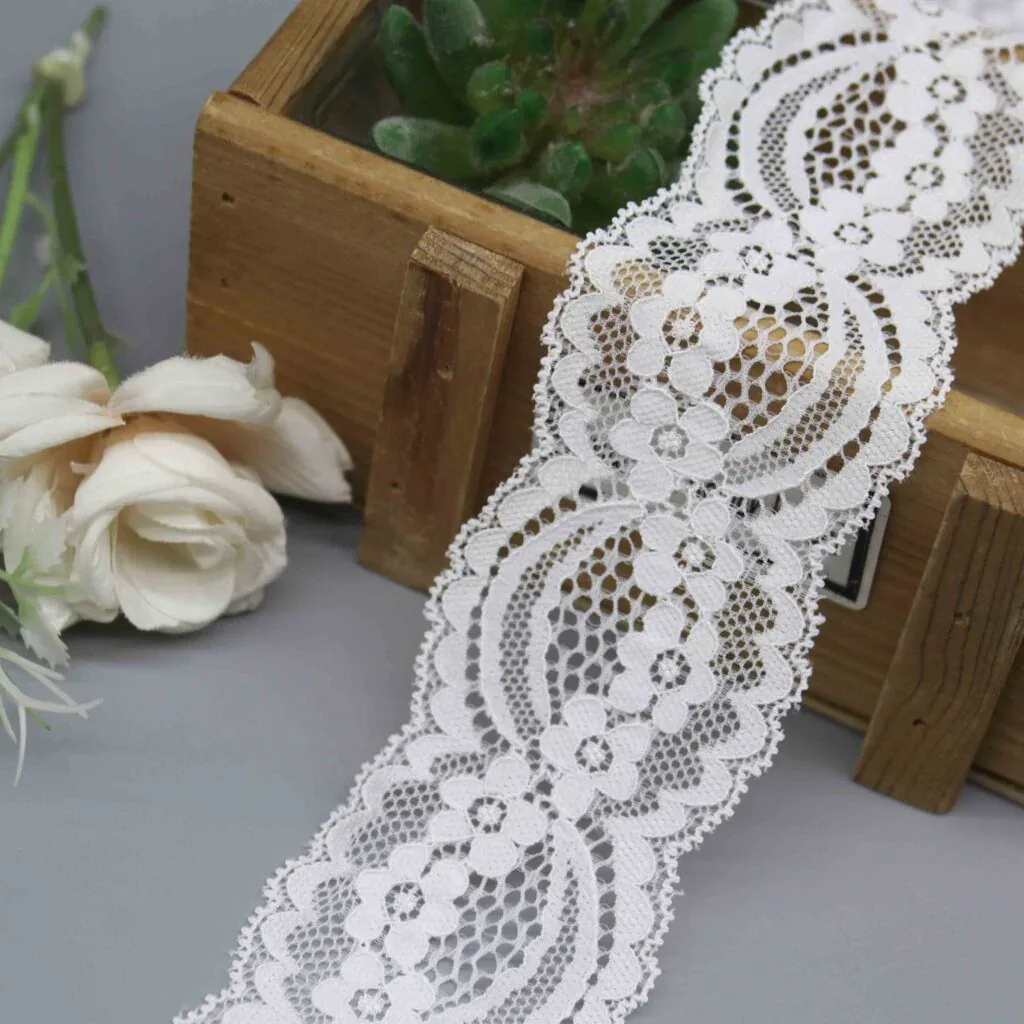 Wide Vintage Stretch Lace Trim for Lingerie Bands and Apparel Overlays — product detail Wide Vintage Stretch Lace Trim for Lingerie Bands and Apparel Overlays — product detail