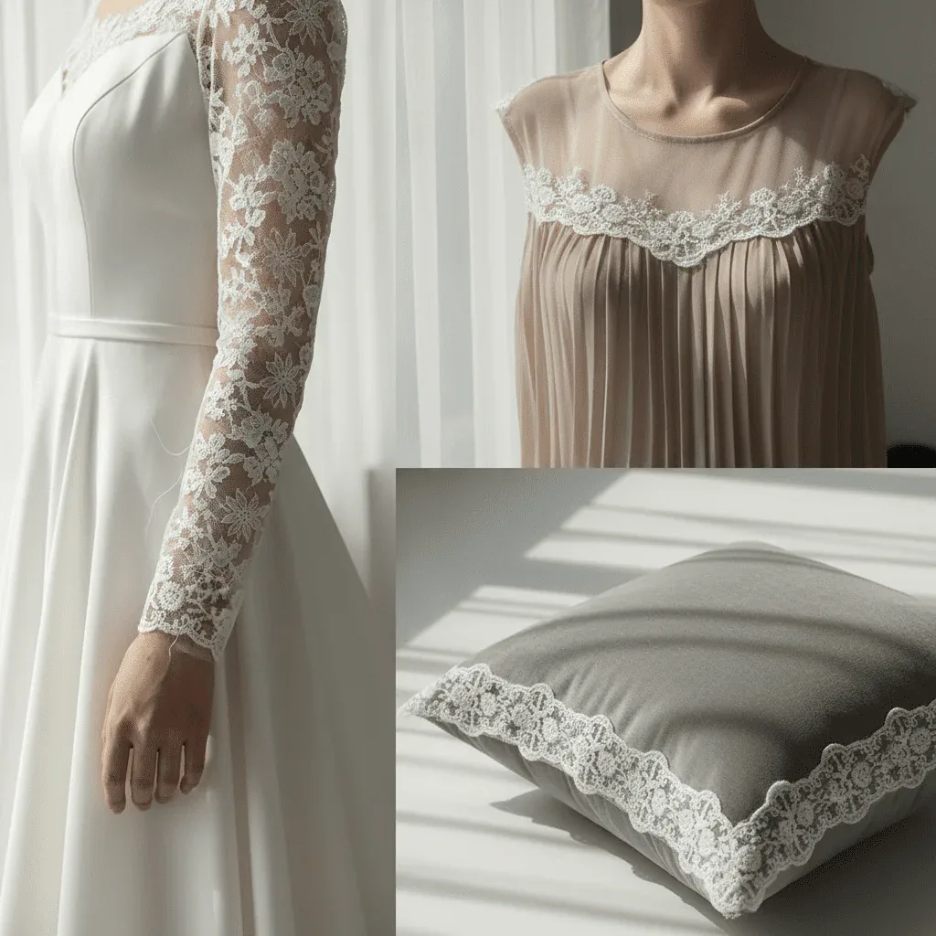 Breite bestickte Polyestertüllspitze mit symmetrischer floraler Bogenkante — Detailansicht 3 Breite bestickte Polyestertüllspitze mit symmetrischer floraler Bogenkante — Detailansicht 3
