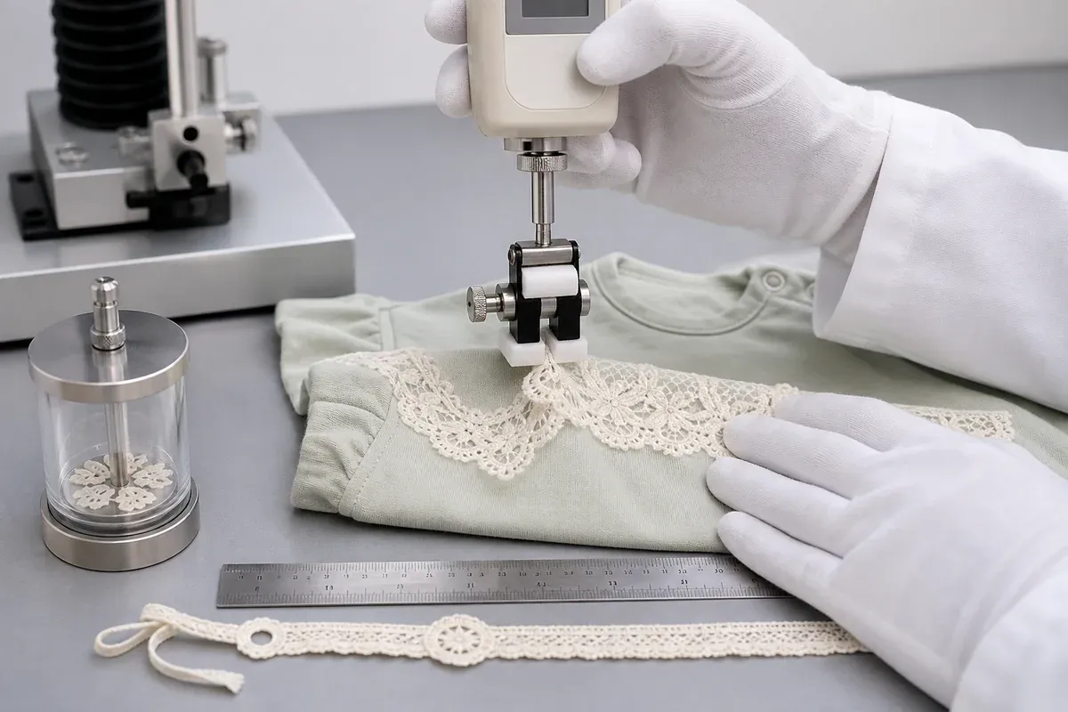 Pull-off strength and cord-length testing for lace trim on childrenswear