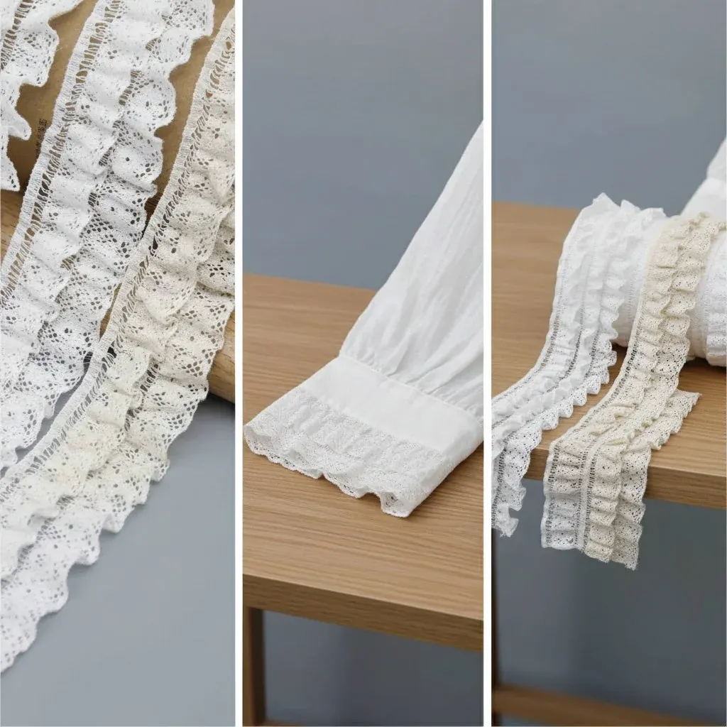 A Fine Mesh Or Pointelle Lace Gathered Stitched Ruffled Lace Trim for Garment Trim — detail view 2 A Fine Mesh Or Pointelle Lace Gathered Stitched Ruffled Lace Trim for Garment Trim — detail view 2