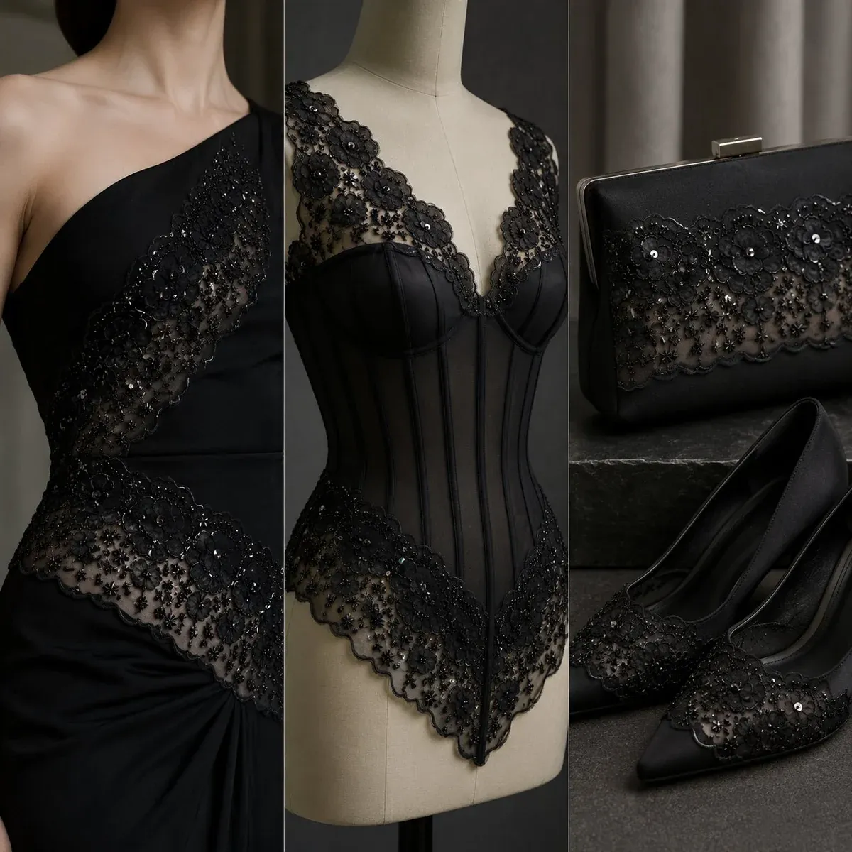 3D-Blumenspitzenborte mit Perlen ab Werk für Couture-Abendmode — Detailansicht 2 3D-Blumenspitzenborte mit Perlen ab Werk für Couture-Abendmode — Detailansicht 2