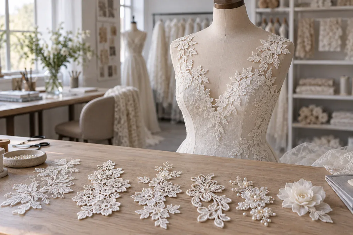 Loose ivory lace appliques being arranged on an adult-size bridal bodice in a professional design studio