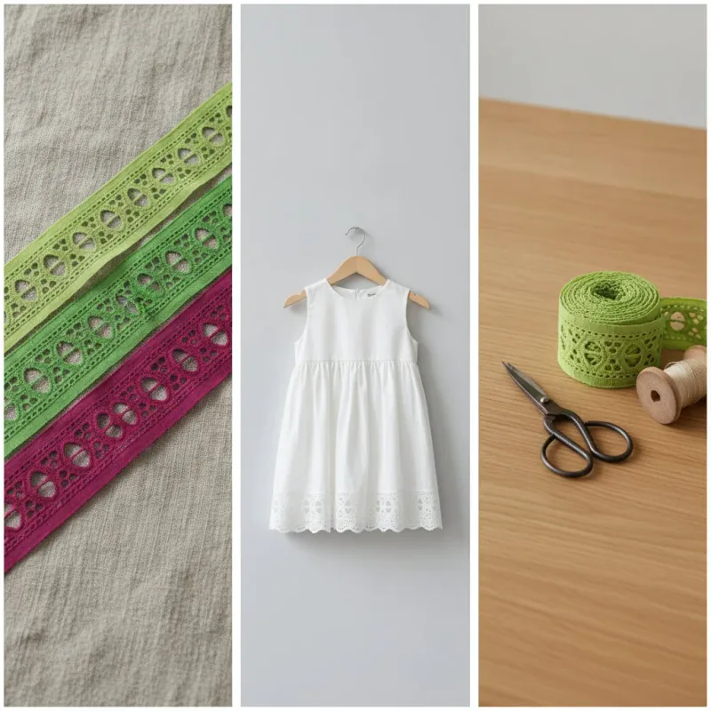Dreiteiliges Stylingbild mit farbigen Lochborten, einem weißen Kleid und einer Bortenrolle neben Nähwerkzeug.