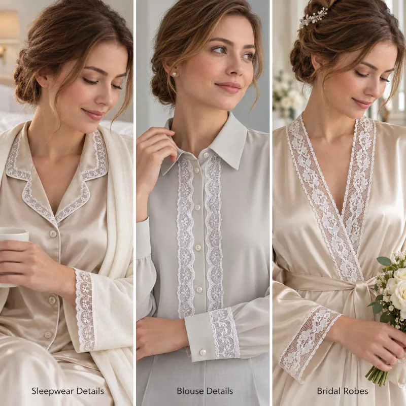 Stylingcollage mit schmaler weißer Spitze an Nachtwäsche, einer Bluse und einem Morgenmantel.