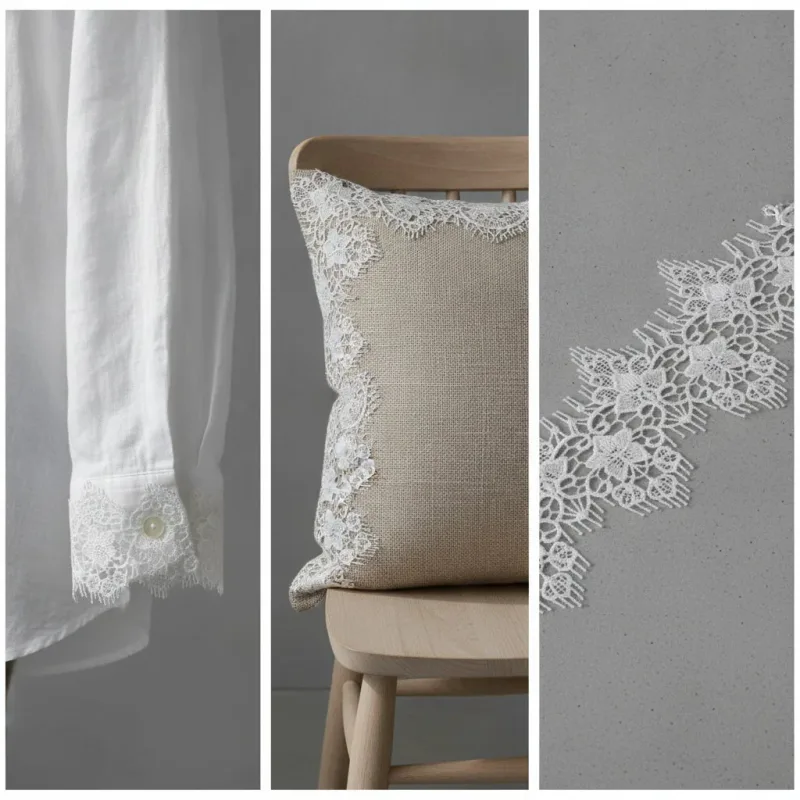 Stylingcollage mit weißer Spitze an einer Ärmelkante, um ein Kissen und als flach ausgelegtes Detail.